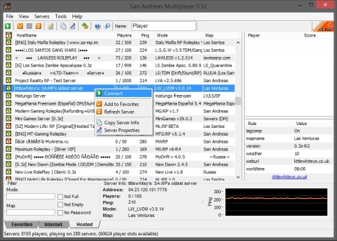 Una captura de pantalla que muestra el navegador de SA-MP, con un servidor seleccionado